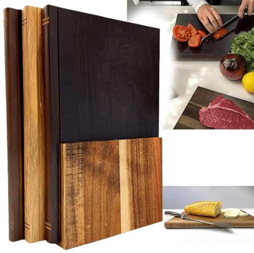 Set di 3 taglieri a forma di libro con supporto, in legno di acacia massiccio che sembrano libri, set di taglieri decorativi in legno per carne, verdure, pane e formaggio, regalo unico per la cucina