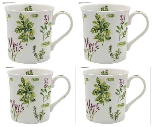 Botanical Herbs Fine China Mugs Set of 4, 350ml Tea & Coffee Cups | Set of 4 botanical herb fine china mugs, 350ml each and individually gift boxed; ideal for tea, coffee and everyday use.