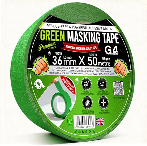 G4GADGET Green Masking Tape for Painting – 36mm x 50m Wide Painters & Decorators Tape, Low Tack Crepe Paper, Clean Removal, Residue-Free for Walls, Trim & DIY