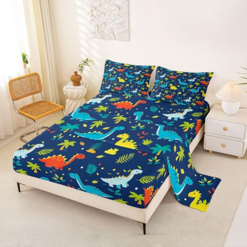 Homemissing Juego de sábanas de dinosaurio de dibujos animados, tamaño doble, juego de cama de dinosaurio kawaii de la selva, sábana bajera ajustable con bolsillo profundo, bonito animal salvaje
