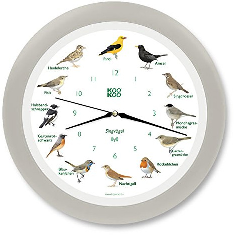 KOOKOO Singvögel Seiden-Grau, Die Singende Vogeluhr, mit 12 heimischen Singvögeln und echten, natürlichen Vogelstimmen, mit RC Funkquarzwerk