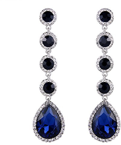 Clearine Pendientes para Mujer Elegante Boda Nupcial Cristal Redondo Gota de lágrima candelabro cuelga Pendientes llamativos Tono Plateado Azul Oscuro