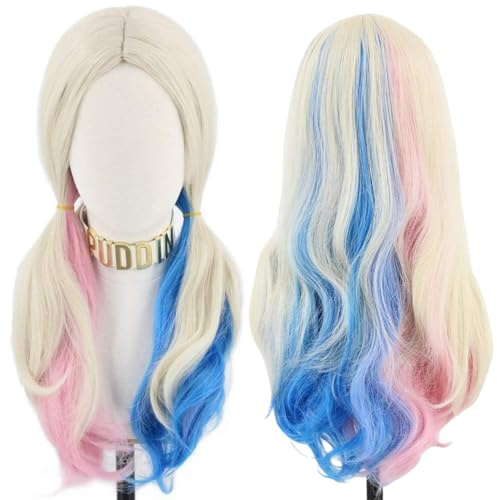 Topcosplay Lang Cosplay Perücke, Lockig Damen mit Perücke-Kappe, Blond Blau Rosa Perücken für Karneval Halloween Fasching Kostüme Party