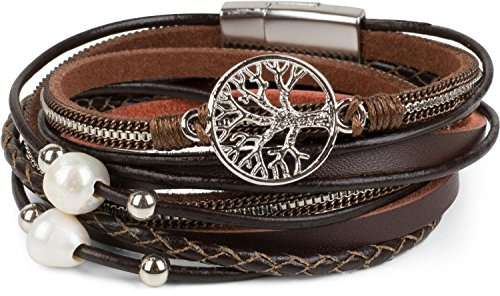 styleBREAKER Damen Wickelarmband Perlen Lebensbaum Magnet | 2-Reihig. Länge 38.5cm. Breite 1.6cm. Amulett Anhänger. weiche Haptik. edler Schmuck. einfache Schließung.