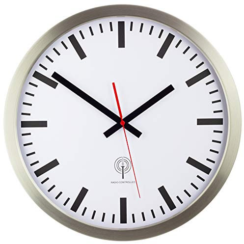 Eurotime Funkwanduhr,schrittsekunde, 40 cm, Edelstahlgehäuse Silber, Echtglas, Bahnhofszifferblatt, automatische Zeitein- und Zeitumstellung, Wanduhr für Wohnbereich oder Büro, rote,56862-07