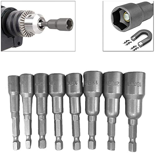 Safekom 8pc 1/4 Hex Magnetic Nut Driver Socket Set Metric Impact Drill Bits 6 to 13mm Adapter