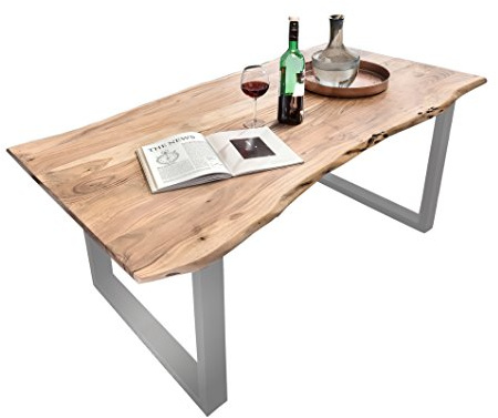 SAM Esszimmertisch 180x90 cm Quarto, Massiver Esstisch aus Akazienholz naturfarben + massiv, U-Metallgestell Silber, Baumkantentisch im Industrial Stil, jeder Tisch EIN Unikat