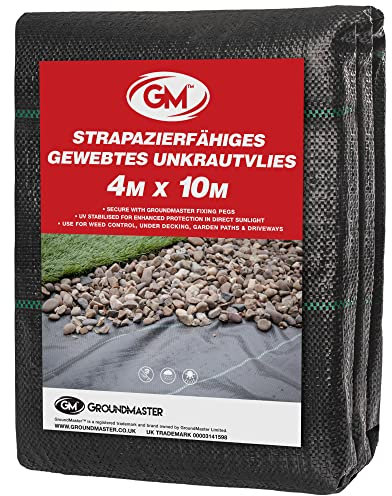 GroundMaster 4m x 10m Heavy-Duty Weed Control Membrane Woven Polypropylene Ground Cover Fabric for Gardens, Landscaping, Driveways and Patios - Easy Install Weed Membrane with Water Permeable Barrier
