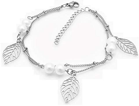 Bungsa Damen Bettelarmband Blätter & Perlen Silber aus 316L Edelstahl