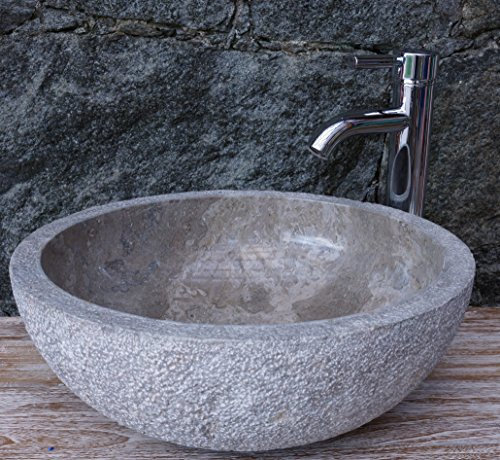 GURU SHOP Massives Rundes Marmor Aufsatz-Waschbecken, Waschschale, Naturstein Handwaschbecken - Ø 45 cm Modell 13, Grau, Waschtische & Waschbecken