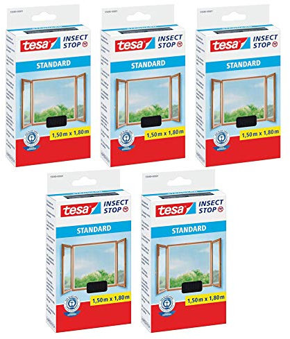 tesa Insect Stop STANDARD Fliegengitter für Fenster - Insektenschutz zuschneidbar - Mückenschutz ohne Bohren - Fliegen Netz anthrazit (1,5m:1,8m (5er Pack), Anthrazit (Durchsichtig))