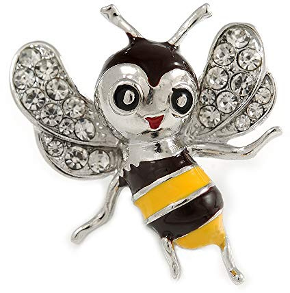 Jolie broche bébé abeille en cristal émaillé en métal argenté (noir/jaune) – 40 mm de haut, taille unique, émail, diamante
