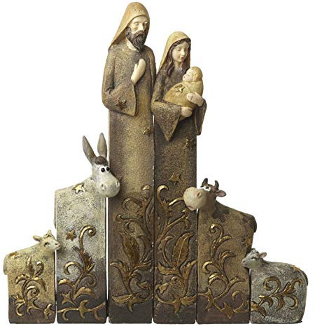 Heaven Sends Christmas Decor Nativity Scene With Mary, Jesus, Joseph, Cow, Donkey & 2 Sheep With Gold Highlights