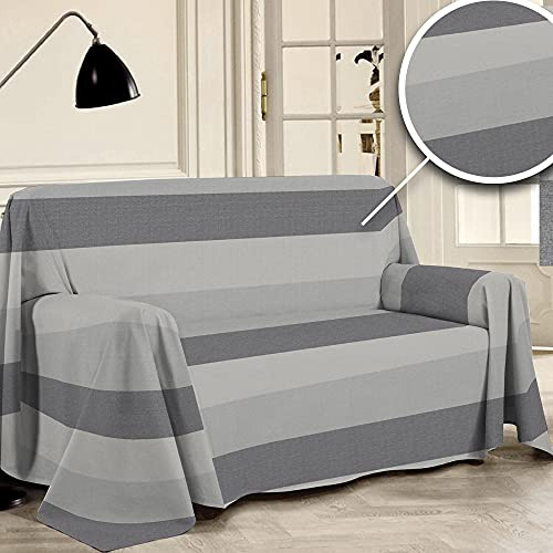 PENSIERI DELICATI Funda de Sofá 180 x 290 cm Made in Italy, Toalla 100% Algodón Puro Reciclado Teñido de Hilo, Fantasía Banda Gris, Ideal como Tela Decoración, Cubre Sofá, Manta Pícnic