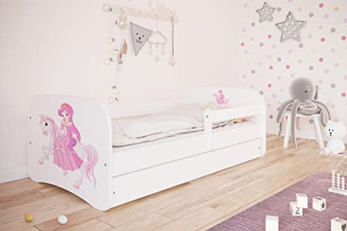 Bjird Kinderbett Jugendbett 70x140 80x160 80x180 Weiß mit Rausfallschutz Matratze Schublade und Lattenrost Kinderbetten für Mädchen und Junge - Prinzessin auf dem Pony 140 cm