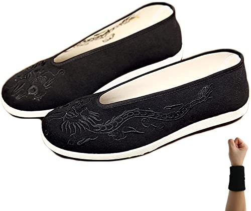 YUANSOME Kung Fu/Martial Arts Scarpe da ginnastica unisex con ricamo drago, scarpe sportive tradizionali cinesi ricamate per attività marziali per interni ed esterni (Premium Black), Nero , 39 EU