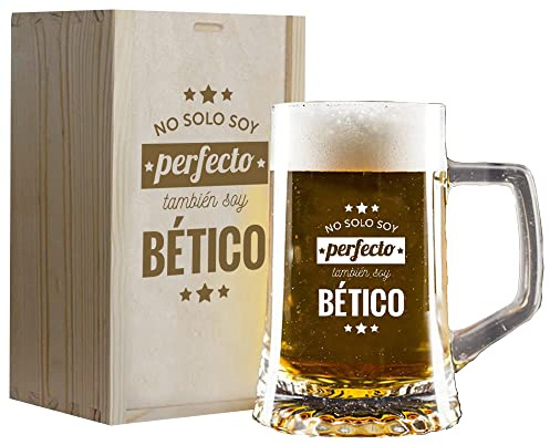 CALLE DEL REGALO Jarra de cerveza para futboleros ‘No soy perfecto’ con caja de madera personalizada con equipo de fútbol