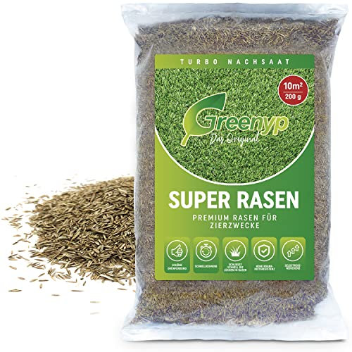 Greenyp® Super Rasen I sattgrüner Premium Zierrasen Nachsaat I Traumrasen Grassamen Rasensamen Rasensaat Gras besonders schnellkeimend 0,2kg für 10m²