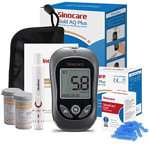 sinocare Diabetes Testing Kit / Blood Glucose Monitor Gold AQ Plus / Blood Sugar Test Kit w/Unique Gold Electrode More Accurate Test Strips x 50 & Case -in mmol/L