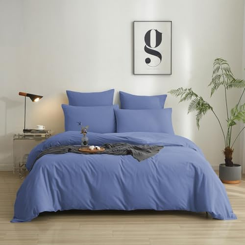Luowei Bettwäsche 155x220 cm Baumwolle Sommer Weich Blau, 3-teilige | 100% Gewaschene Baumwolle Oeko-TEX Bettbezug Atmungsaktiv und Hautfreundlich mit Reißverschluss und 2 Kissenbezüge 80x80 cm