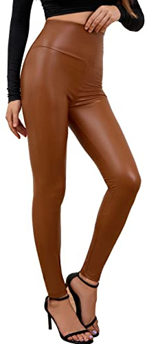 Everbellus damleggings med hög midja, svarta fuskläder, leggings, Brun, XL