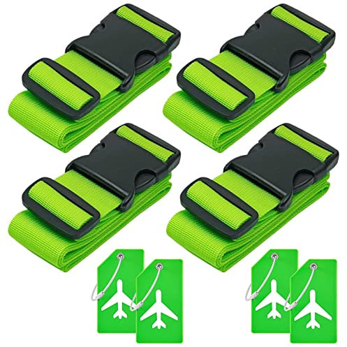 Frepea Koffergurte 4 Stück Kofferband mit Silikon Kofferanhänger Auffällig Gepäckgurt Einstellbare Kofferband mit Adressschild für Koffer Markierung (4 Grün)