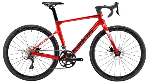 KABON Carbon Rennrad, T800 Carbon Fiber Rahmen 700C Rennrad mit 18 Gängen, Integriertem Kohlefaser Lenker, Scheibenbremsen Rennfahrrad für Männer und Frauen (Rot, 50cm)