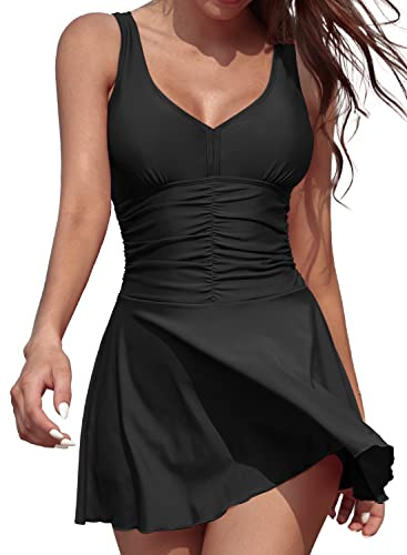 SHEKINI Women's V Neck One Piece Swimsuit with Skirt | Ruched Plus Size Swimwear, Tummy Control Scoop Back Swimming Costume, Backless, Non-Adjustable Straps, Removable Pads