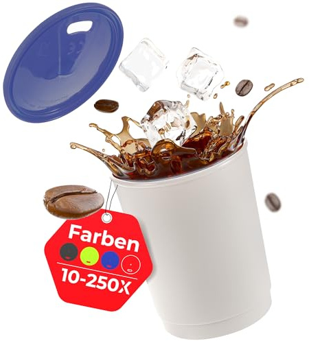achilles Kaffeebecher mit Deckel, Kunststoffbecher, Mehrwegbecher, Trinkbecher, LFGB geprüft, spülmaschinenfest, stapelbar, 330 ml, Becher grau, Deckel blau, 10 Stk.