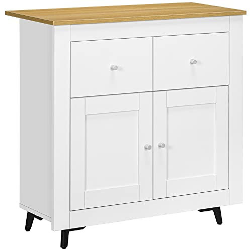 HOMCOM Aparador de Cocina Buffet Auxiliar de Comedor Moderno con Puertas Dobles y 2 Cajones para Salón Entrada Oficina 78x35x80 cm Blanco