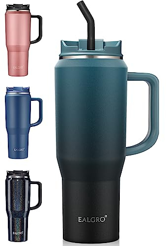 EALGRO 40 oz Insulated Water Bottle Jug with Straw and Handle, Large Metal Sport Water Flask, Stainless Steel Travel Coffee Mug Cup, Thermal Coffee Tumblers with Lid, Indigo Black
