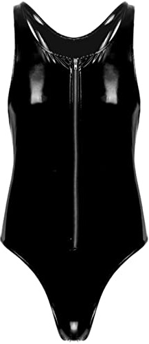 CABULE Dessous Herren Glänzender U-Ausschnitt ärmelloser Body Bademode Wet Look Club Pole Dance Kostüm Lackleder Reißverschluss Trikot-Schwarz,XXL