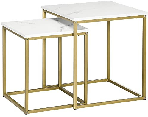 HOMCOM Couchtisch 2er Set Beistelltisch mit Marmoroptik, Stahlrahmen, Stapelbar, Wohnzimmertisch Kaffeetisch Sofatisch für Wohnzimmer Schlafzimmer, Weiß+Gold