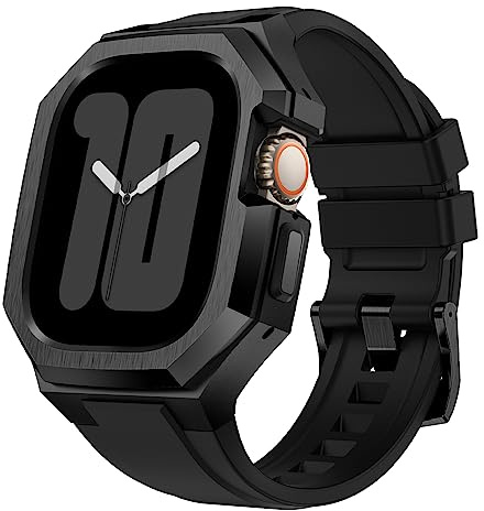 AIRYZGOOD Boîtier en métal de luxe avec bracelet compatible avec Apple Watch Band Ultra 49 mm, coque de protection robuste avec bracelet en silicone souple pour iWatch Ultra 49 mm (noir, 49 mm)