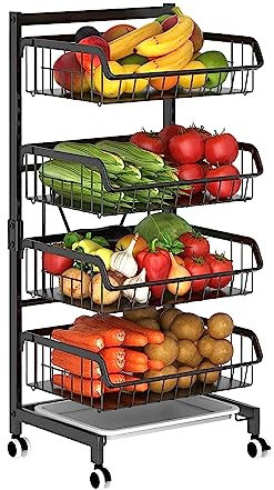 Todeco Gemüseregal für Küche, Stapelbarer Obstkorb Gemüse, Aufbewahrungswagen KüchenWagen Mit Abschließbare Rollen Und, Multipurpose Mobile Metal Storage Trolley