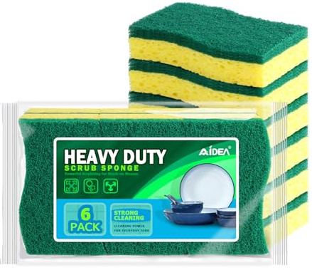 AIDEA Sponges Kitchen, Heavy Duty Scrub Sponge, 6Count, Sponges for Dishes, Cellulose Kitchen Sponge, Scrubbing Power for Tough Messes, Cleaning Power for Non Coated Cookware, Dishes, Pots, Pans