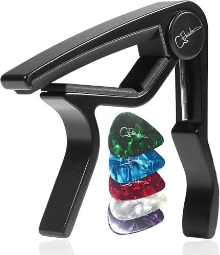 Gitarren-Kapodaster für akustische E-Gitarre, Folk-Ukulele, Bassgitarre, Aluminiumlegierung, Capo mit 5 Gitarrenplektren (Musical, schwarzer Kapodaster + Plektren, 1, FH-103)
