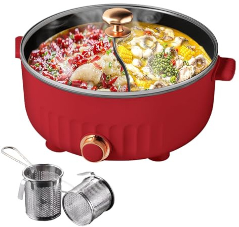 ARTSIM Appareil Fondue, Coupure Automatique De L'Alimentation Appareil Fondue Chinoise Electrique IdéAl pour Les RéUnions De Famille (avec 2 Filets Non éTanches),Red
