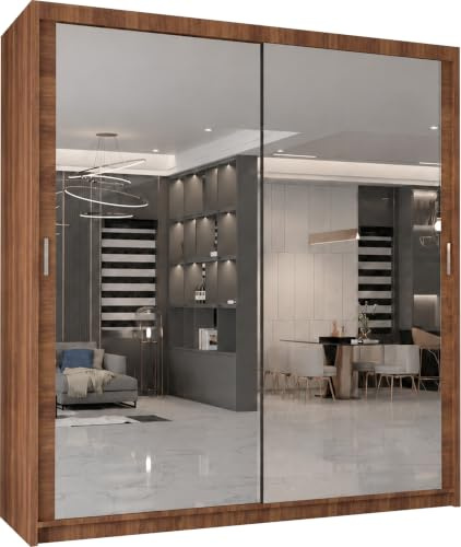 MN Furniture Edinburgh Sliding Door Wardrobe with Full-Length Mirror, Shelves & Hanging Rails, Bedroom Storage Cabinet (Walnut, 150cm)