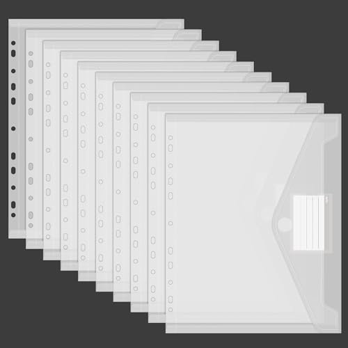 10 Stück Dokumententasche A4, Wasserdichte Dokumentenmappe, 11 Lochrand Sammelmappen Mit Etikettentasche, Mappen für Dokumente Organisieren, Bürobedarf, Hausaufgaben