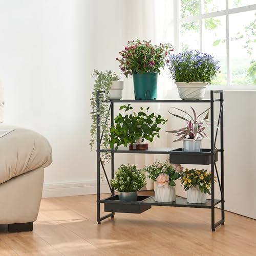 [en.casa] Étagère à Fleurs à 3 Niveaux avec 2 Bacs à Plantes Amovibles Support Plantes Meuble de Rangement Autoportant Table Console pour Salon Métal 66 x 60 x 20 cm Noir
