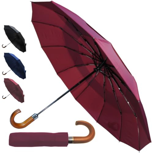 COLLAR AND CUFFS LONDON Rare 12 RIB Compact Windproof Umbrella for Rain - 50MPH - Best for Auto Open Close - Strong Frame with Fiberglass - Vented Canopy - Wooden Hook Handle - Travel - Burgundy Red