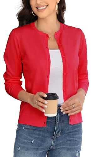 BERESIA Cardigan Donna Maglia con Bottoni Golfino Girocollo Manica Lunga Giacca Cappotto Elegante, Rosso XXL