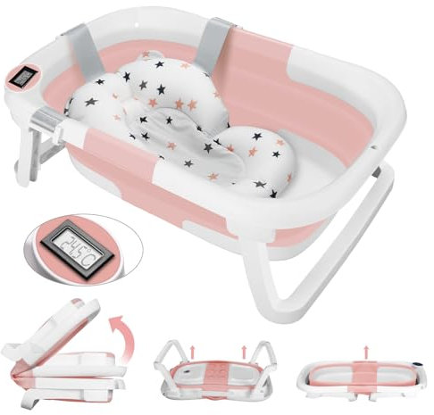 Vaschetta Bagnetto Neonato con Indicatore di Temperatura, Pieghevole, Presa per Soffione Doccia, Salvaspazio, per Bambini da 0 a 36 Mesi (Rosa)
