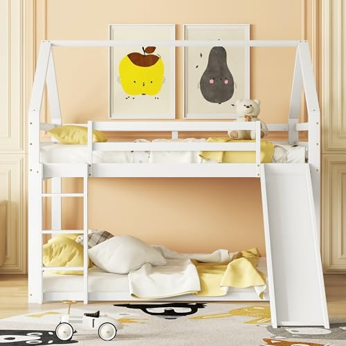 Etagenbett 140x200, Kinderbett Hochbett für Kinder, Hausbett mit Rutsche und Treppe, Doppelbett mit Rausfallschutz & Lattenrost, Bettenhaus Spielbett Bettgestell Stockbett Jugendbett Loft Bett, Weiß