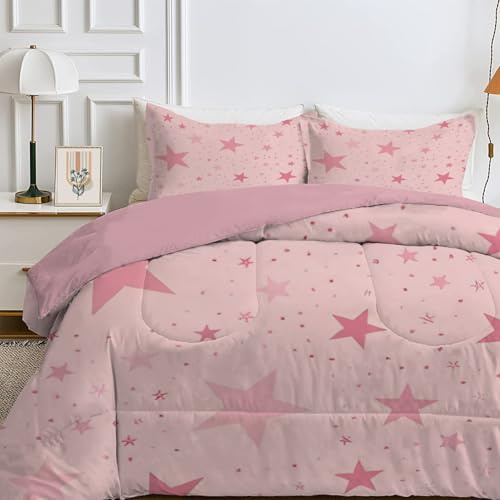 Qiwagu 4 Jahreszeiten Bettdecke 200x220 cm, Wende Sterne Steppdecke Waschbare, Bettdecke ohne Bezug Nutzbar, Leicht Weiche Schlafdecke 200GSM, Ganzjahresdecke Rosa mit 2 Kissenbezug (ohne Kissen)
