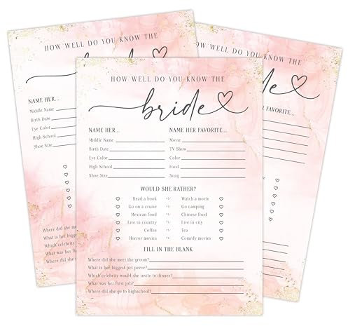 How Well Do You Know The Bride? Bridal Shower Game - 50 Pack 5x7 Cards - Must Have for Bridal Showers and Bachelorette Parties (Pink/Gold)
