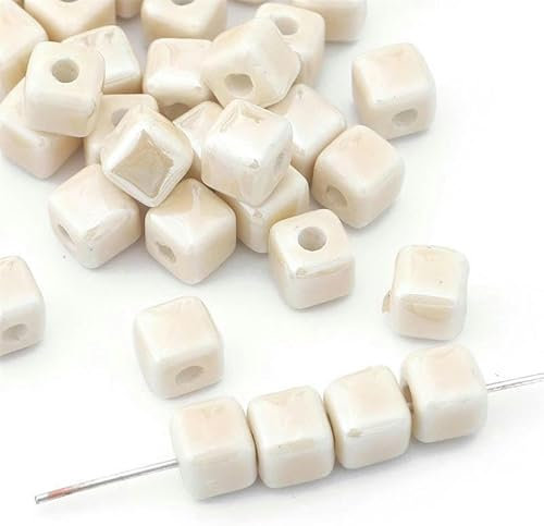 30 Stück 6 mm bunte quadratische Würfel-Keramikperlen zur Schmuckherstellung, lose Keramikperlen für Armbänder, Basteln von Keramikanhängern-Beige-30 Stück 6 mm