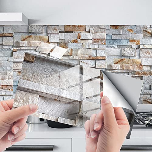 Fliesenaufkleber Beige Steinstil Selbstklebende Klebefliesen, Wandfliesen Aufkleber,Wasserdicht Fliesensticker Fur Kuche Badezimmer Dekorative Stickerfliesen,Wohnzimmer Dekoration