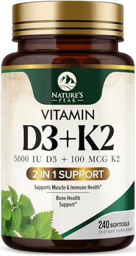 D3 K2 Vitamin - Vitamin D3 5000 IU Per Softgel - High Potency Vitamin D3 Supplement - 2-in-1 Complex Vitamin D & Vitamin K2 (MK7) - Easy to Swallow, Bone & Immune Support - Bottled USA - 240 Softgels